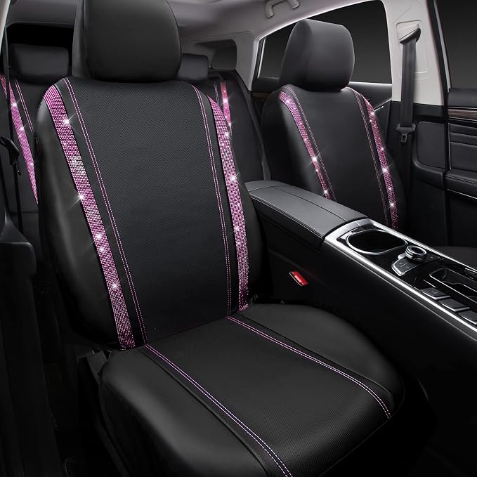 CAR PASS Bling Diamond Car Seat Covers Full Set, Shining Rhinestone Waterproof Faux Leather, Rear with Zipper, Universal Fit Automotive Glitter Crystal Sparkle Strips for Women Girl, Black Pink