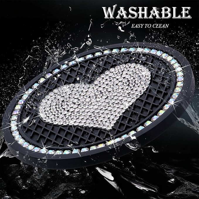 2PCS Sparkling Car Cup Holder Coaster – 2.75 Inch Silicone Insert – Non-Slip, Shockproof – Universal Auto Interior Accessories for Women Girls (Black & White)