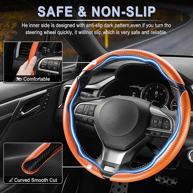 Amiss 3pcs Carbon Fiber Anti-Skid Steering Wheel Cover, Waterproof & Segmented Butterfly Design, Universal 99% Vehicle Wheel Cover Protector, Car Interior Accessories (Orange-3pcs)