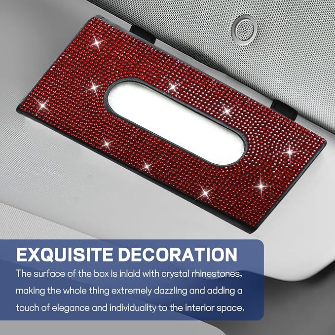 Bling Car Tissue Holder for Sun Visor, Crystal Rhinestone Visor Tissue Box, Leather Vehicle Paper Towel Case, Sparkling Auto Napkin Holder for Women, Car Accessories Decoration (Red)