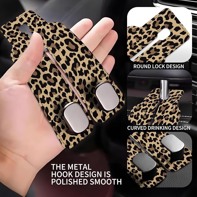 Car Seat Back Storage Headrest Hook, Premium Leather Double Metal Hook, Hanger Storage Organizer for Purse Cloth Bag, Car Interior Accessories Luxury Brown Leopard