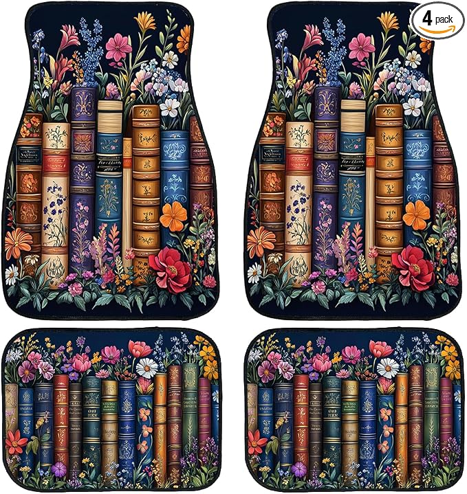 Bookshelf Car Floor Mats Educational Bookcase Watercolor Flowers Carpet Front Rear Carpets Mat Decorative Car Floor Carpets Non-Slip Auto Car Accessories Universal Fit Car Accessories for Truck