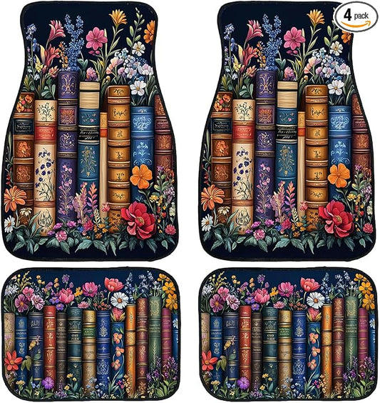 Bookshelf Car Floor Mats Educational Bookcase Watercolor Flowers Carpet Front Rear Carpets Mat Decorative Car Floor Carpets Non-Slip Auto Car Accessories Universal Fit Car Accessories for Truck