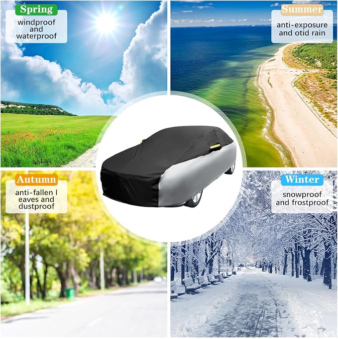 Riakrum Full Car Cover Waterproof All Weather for Automobiles Windproof Cover Rain UV Protection Sun Scratch Resistant Outdoor Universal(Fit Sedan Length (185-193'') 70'' H,Black, Silver)