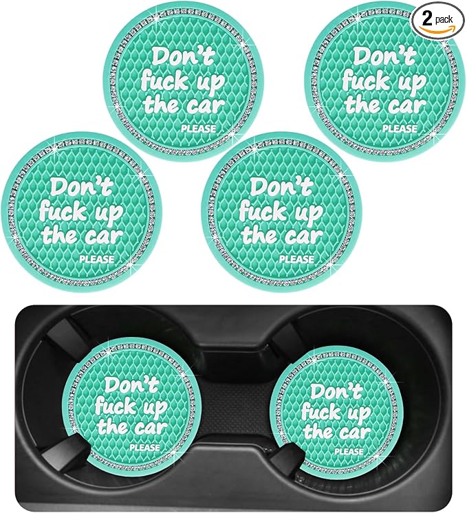 Ohleats Bling Car Cup Coaster, 2.75 Inch Non-Slip Don't Fuck Up My Car Please Cup Holder Insert Coaster, Crystal Rhinestone Auto Drink Cup Mat, Universal Car Accessories (Green-4PCS)