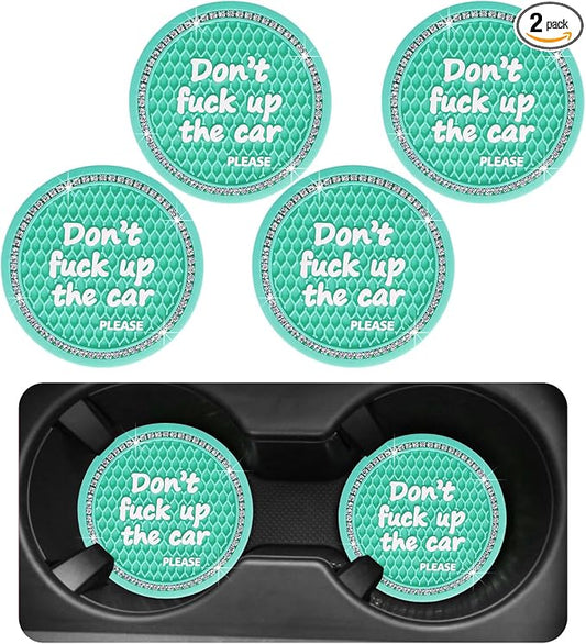 Ohleats Bling Car Cup Coaster, 2.75 Inch Non-Slip Don't Fuck Up My Car Please Cup Holder Insert Coaster, Crystal Rhinestone Auto Drink Cup Mat, Universal Car Accessories (Green-4PCS)