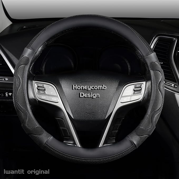 Iwantit® Car Steering Wheel Covers with 3D Silicone Honeycomb for Men,Anti-Slip Design and Breathable Fabric,Universal Fit 14.5-15 Inches (Full Black)