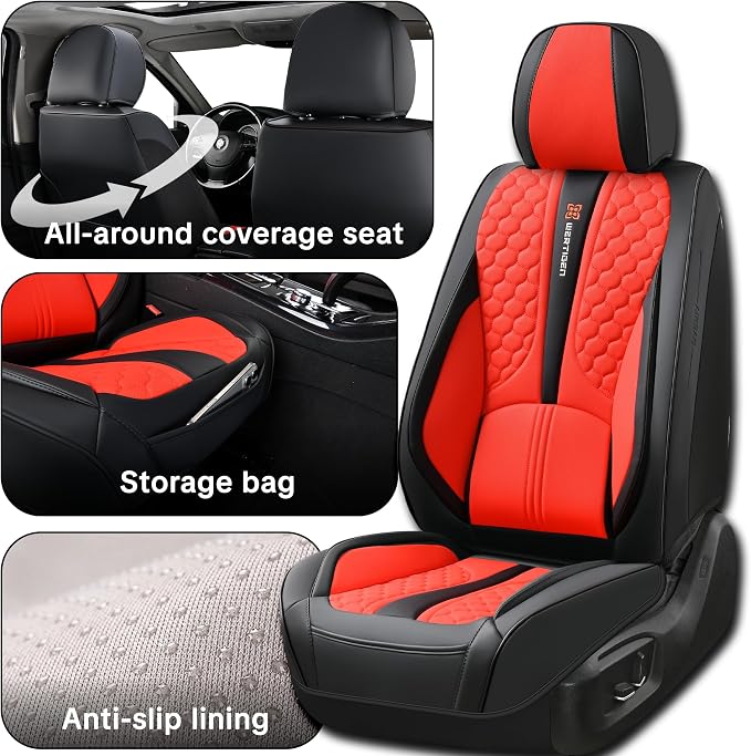 Red Car Seat Covers Full Set Luxury Waterproof | Leather Auto Seat Protector with Airbag Compatible Design, Breathable Non-Slip Cushion, Easy Installation, Fits Most Cars