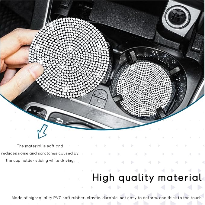 Ziciner 2 Pack Bling Car Cup Holder Coaster, Anti-Slip Auto Insert Coaster with Start Stop Button Cover, Universal Shiny Crystal Vehicle Interior Accessories for Women and Girls (White)