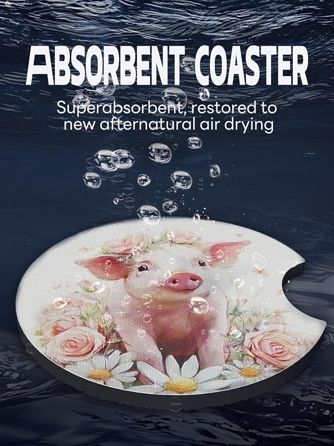 WOCOCN Car Coasters,Cup Holder Coasters for Car,2.75inch Anti Slip and Absorbent,Cute Automotive Interior Accessories for Cup Holder,Pack of 2 (Flower Wreath Pig)