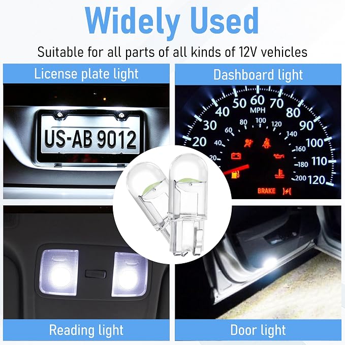 ecocstm 30 PCS Car 194 LED Bulbs, 168 2825 W5W T10 Wedge COB LED Replacement Bulb, Error Free Interior Bulb for Dashboard Light, Dome Lights (Ice Blue)