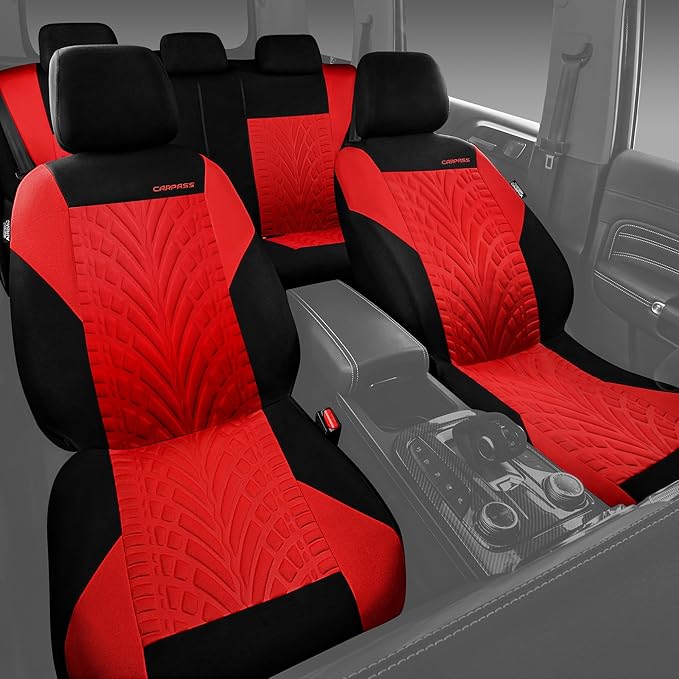 CAR PASS Car Seat Covers Full Sets, Front & Split Rear Bench for Car, 3D Tyre Embossed Automotive Interior Covers, Airbag Compatible, Quick Setup Universal Fit Seat Covers for Car, SUV(Black Red)