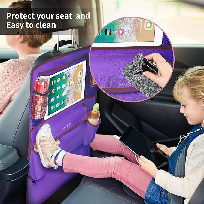 LUCMO Car Backseat Organizer with Touch Screen Tablet Holder, Dark Purple | 9 Storage Pockets,Clear Tablet Holder,Protectors Kick Mats,Travel Accessories,Seat Cover,Road Trip Essentials