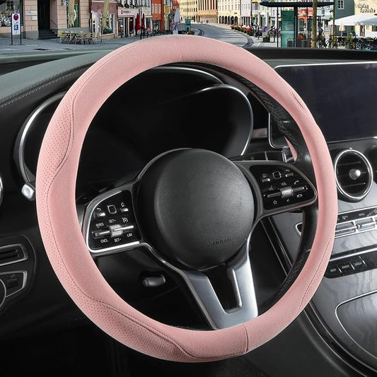 Pink Suede Steering Wheel Cover Small 13.5 inch to 14 inch | Warm in Winter and Cool in Summer, Felt Car Accessories, Breathable Non-Slip Sweat-Proof Wear-Resistant for Civic Prius