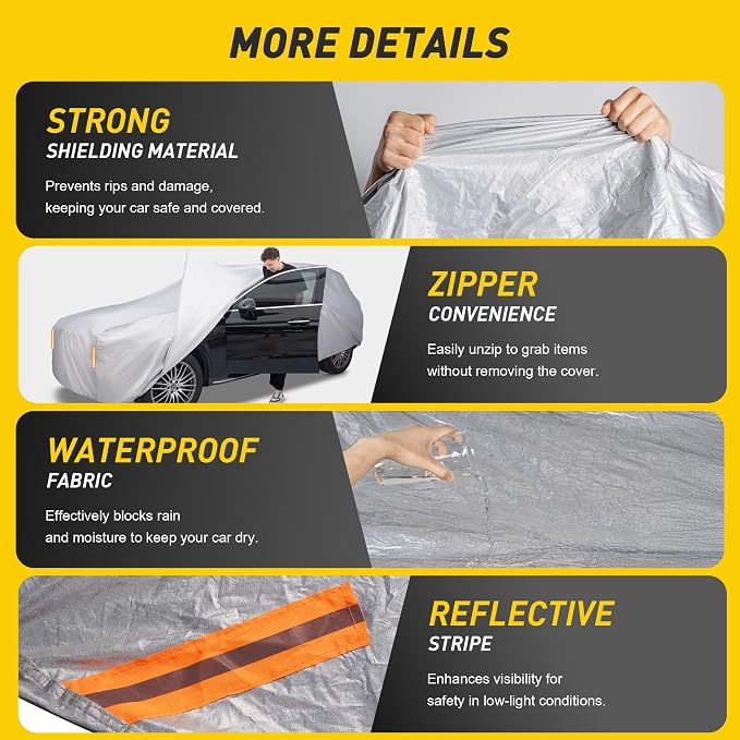 Caromop 10-Layer Waterproof Car Cover All Weather Protection (Snow, Rain, Sun) with Secure Fit Straps and Easy On/Off Zipper-Size S4 (See Size-Chart)