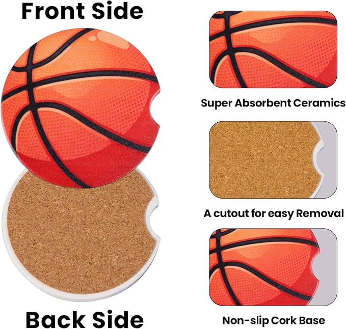 2 Pack Basketball Car Coasters for Men Women Car Cup Holder Coasters, 2.63 Inch Anti Slip Ceramic Absorbent Coaster with Cork Base and Finger Notch, Cute Fun Car Accessories Interior