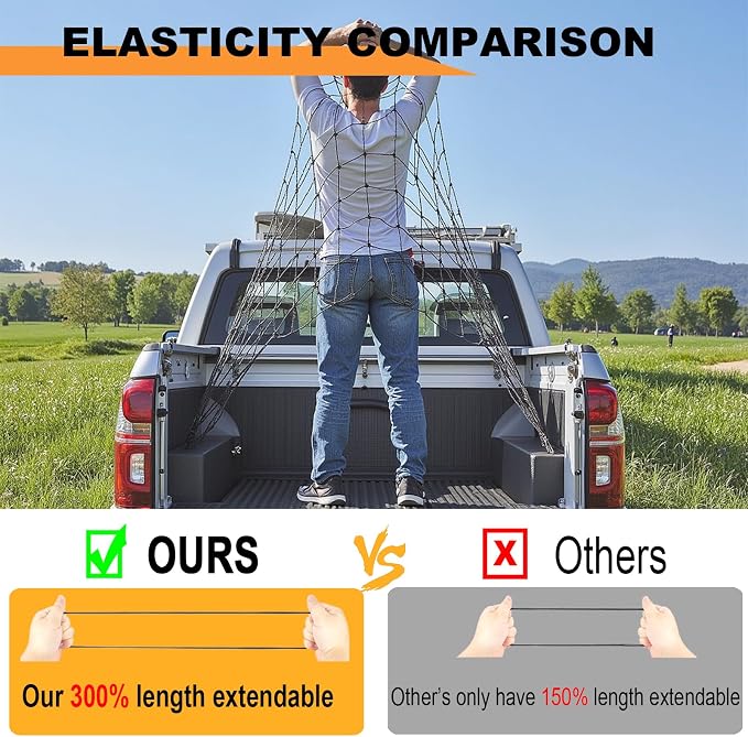 GSPSCN Truck Cargo Net 7' x 5' for Pickup Bed, Trailer,Boat,RV SUV Stretched to 15'x21' Max Heavy Duty Roof Rack Net,5”x5” Mesh Netting w/24 Clip Carabiners Car Organizer Net for Large Loads