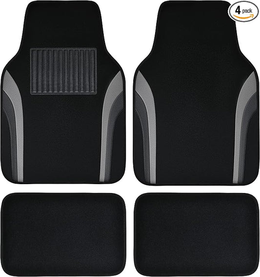 CAR PASS Leather Waterproof Sporty Car Floor Mats Carpet,Universal Automotive Floor Mat Fit for Sedans, Cars, Mid Trucks, Vans, SUV, Set of 4 (Black and Gray)