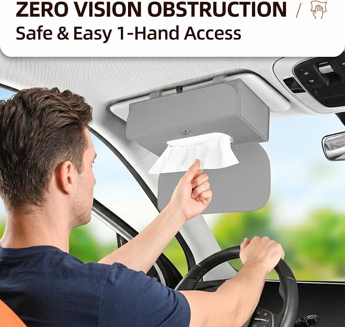 Magnetic Foldable Car Tissue Box - Easy-Install Tissue Holder for Sun Visors and Seat Backs,Premium Leather Car Napkin Organizer—Designed for Commuters,Rideshare Drivers and Families(Grey)