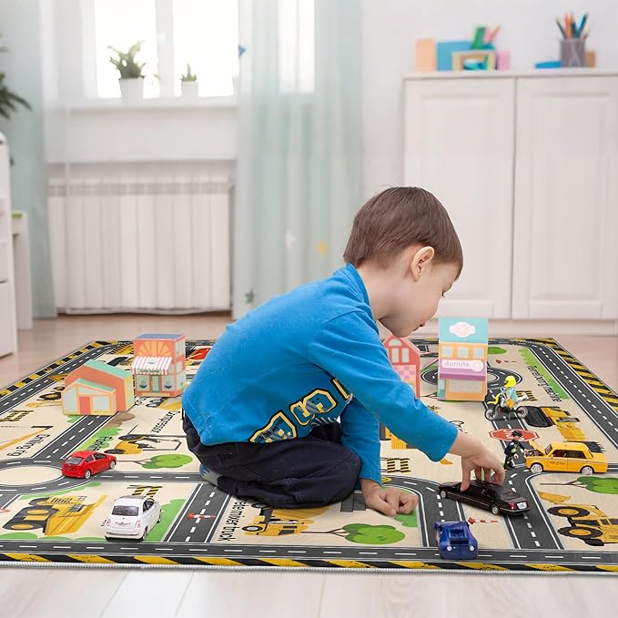 Kids Construction Playroom Rug, Faux Wool Excavator Map, Non-Slip, 5 x 7 ft | Excavator and truck design; Construction-site play; Soft faux wool surface; Non-slip backing; Easy-care finish