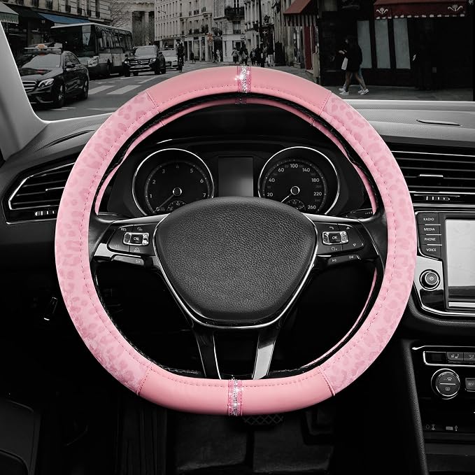 Road Comforts Leopard Steering Wheel Cover for Women, Cute Anti-Slip Microfiber Leather, Fits D Shape Flat Bottom Steering Wheel 14.5-15 Inch - Pink and Pink Leapoard