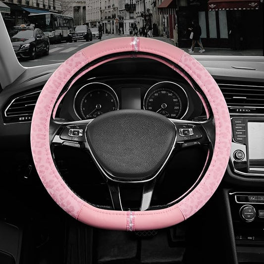 Road Comforts Leopard Steering Wheel Cover for Women, Cute Anti-Slip Microfiber Leather, Fits D Shape Flat Bottom Steering Wheel 14.5-15 Inch - Pink and Pink Leapoard