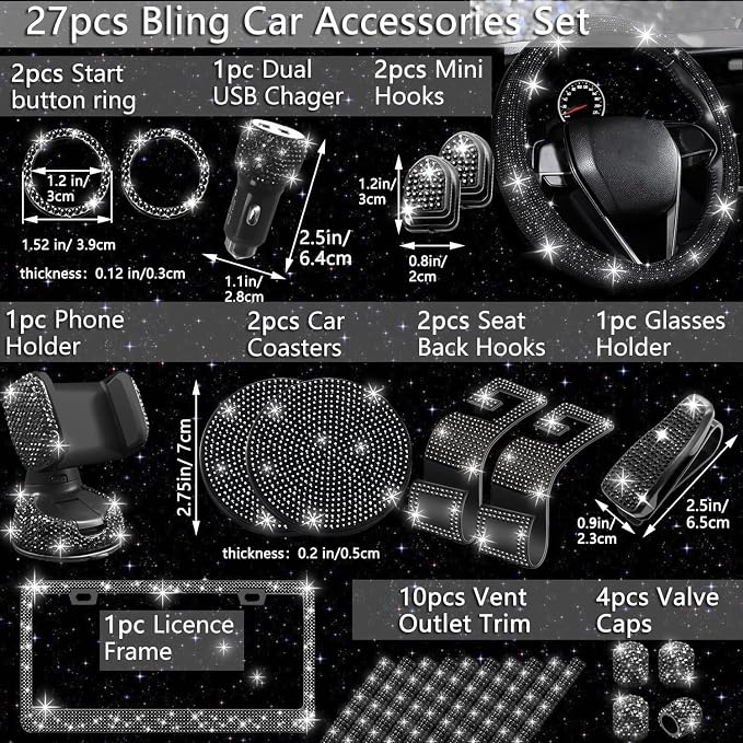 NBTEPEM 27 PCs Black Bling Car Accessories Set for Women, Steering Wheel Covers Universal Fit 15 Inch, Bling License Plate Frame, Bling Phone Holder, Bling Car Coasters (Black Diamond)