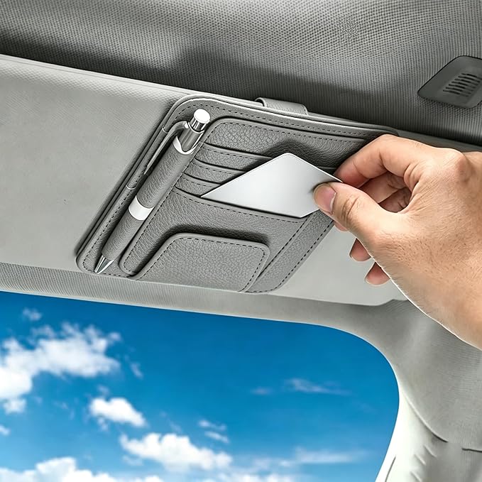 1 PC Car Sun Visor Organizer, Multifunctional Visor Storage with Card Slots and Pen Loop, for Sunglasses Documents and Cards, Universal for Most Cars, SUVs, Trucks (Gray)