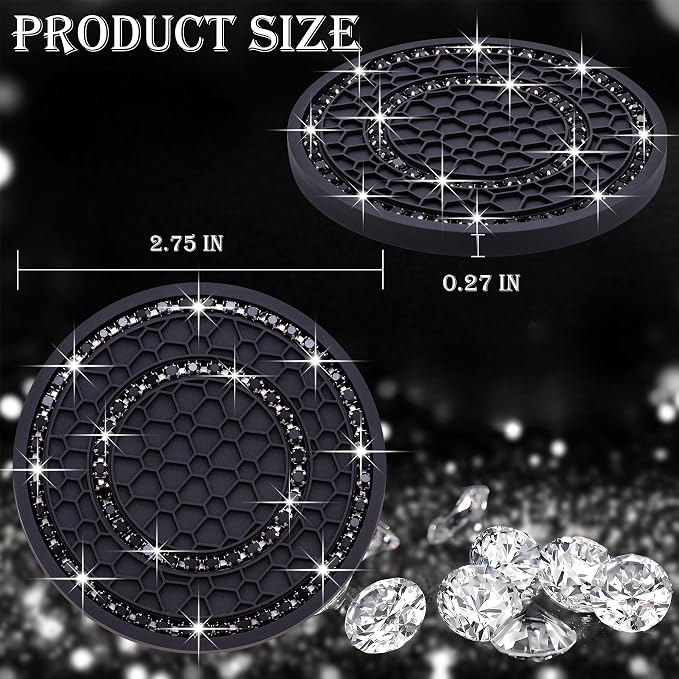 4PCS Bling Crystal Rhinestone Cup Holder Coaster, 2.75 inch Soft Silicone Anti-Slip Shockproof, Car Cup Holder Insert Coasters, Universal Car Interior Accessories for Women (Black)