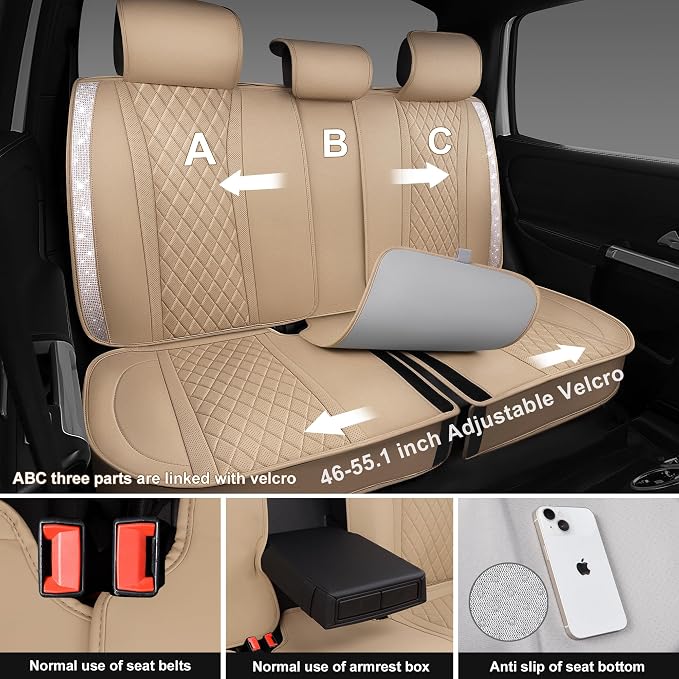 CAR PASS Beige Leather Bling Car Seat Covers Full Set, Luxury Microfiber Nappa PU Cushioned, Waterproof Anti-Slip Universal Fit for Auto SUV Sedan Sparkly Glitter Shining Rhinestone, Beige Diamond