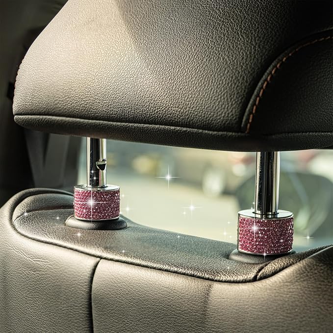 Rislobx 2PCS Magnetic Car Headrest Collars, Rhinestone Car Head Rest Collars Rings Decor, Bling Car Accessories for Women, Interior Decor Car SUV Truck (Pink)