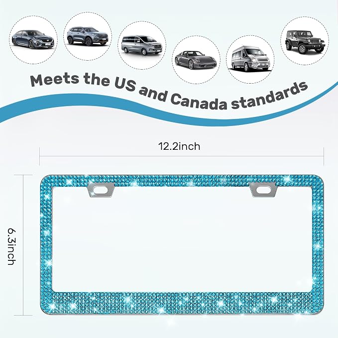 QUANQIUFEI 2 Pack Bling License Plate Frames, Sparkly Rhinestone Diamond Car License Plate Cover for Women, Stainless Steel Car Accessories with Glitter Crystal Caps (Blue Zircon)