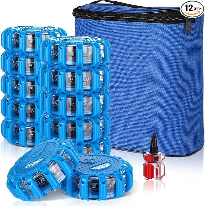 Tallew 12 Pack LED Road Flares Emergency Lights Roadside 9 Flash Modes Warning Car Safety Beacon Magnet Hook Flashing Disc Flare Kit for Vehicles Car Truck Boats Holiday Gift (Blue)