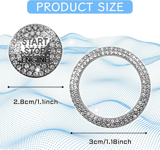 2PCS Rhinestone Push Start Button Cover Bling Car Accessories for Women, Sparkly Diamond Push to Starter Stop Button Decorative Cover, Key Ignition Knob Ring Crystal Emblem Sticker(White)