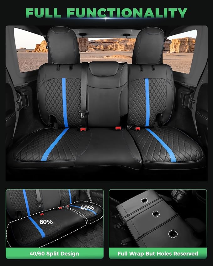 for Jeep Wrangler Seat Covers 4Door JL 2018 2019 2020 2021 2022 2023 2024 2025 2026, Custom Car Seat Cover Full Set, Luxury Waterproof Leather Protectors, Black Blue Trim, W/O Rear Cup Holder