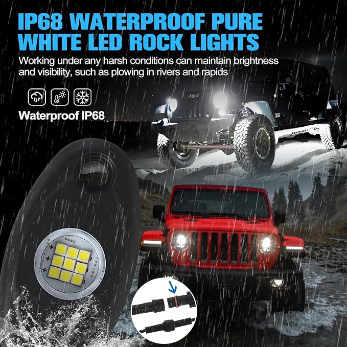 8pods White Rock Lights Dc 12v 6000k Aluminum Alloy Pure White Led Rock Lights with Switch Wiring Harness Kit Ip68 Waterproof for Trucks Pickup Off-Road Cars SUV Utv ATV Rv RZR Underglow Lights