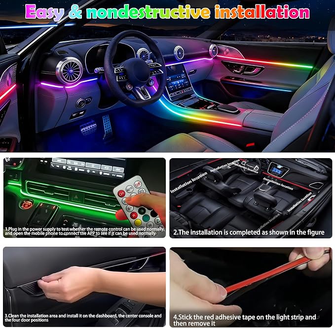 RGB-IC 6 in 1 Car Led Strip Lights, Interior Car Lights, App and Remote Control Ambient Lighting Kit with 16 Million Colors Fiber Optics&Music Sync Rhythm, USB Neon Light Accessories for Console&Door