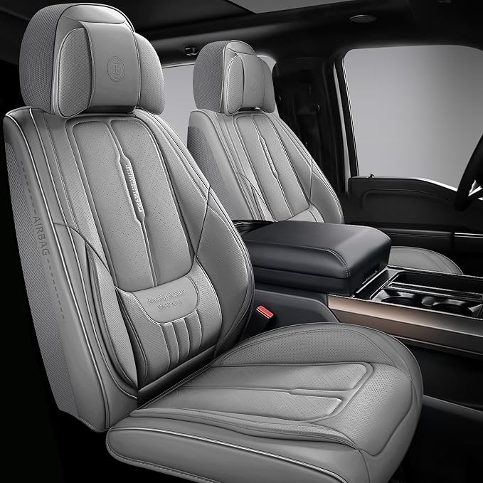 NS YOLO Universal Fit Full Coverage Leather Car Seat Covers for Cars,SUVs and Pick-up Trucks, Car Seat Protector,Automotive Seat Covers Full Set,Car Seat Cushion,Grey Seat Cover for 5 Seats