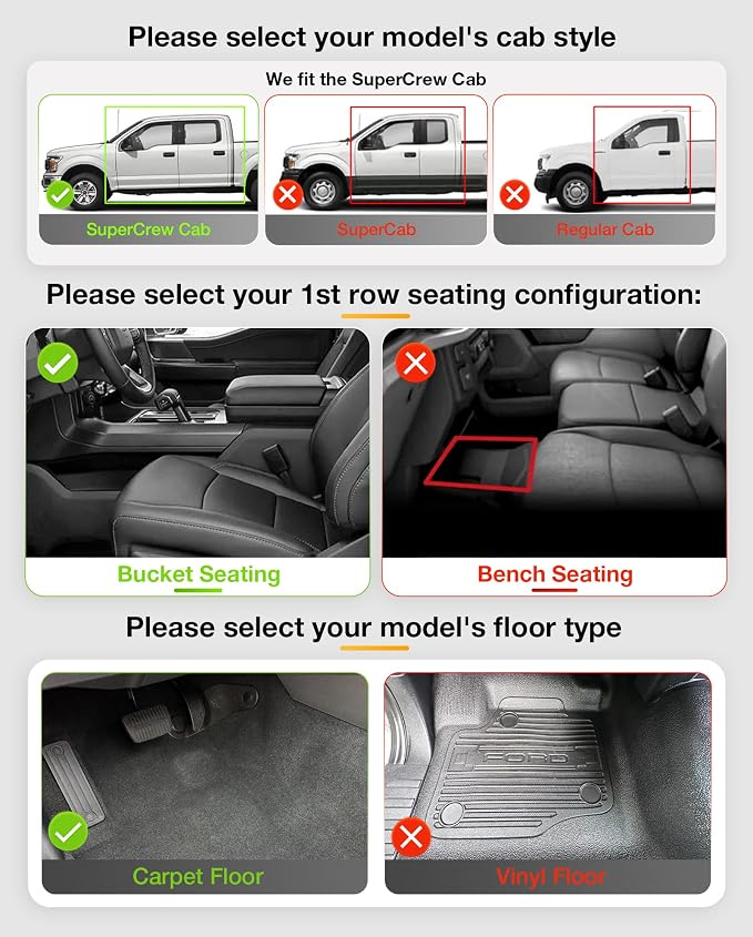 3W Floor Mats for Ford F-150 2015-2026 | F150 Lightning 2022-2025 SuperCrew & Super Cab Carpet Floor, TPE All Weather Custom Fit Car Accessories 1st Only Car Liners Black (Not Fit for Vinyl Floor)