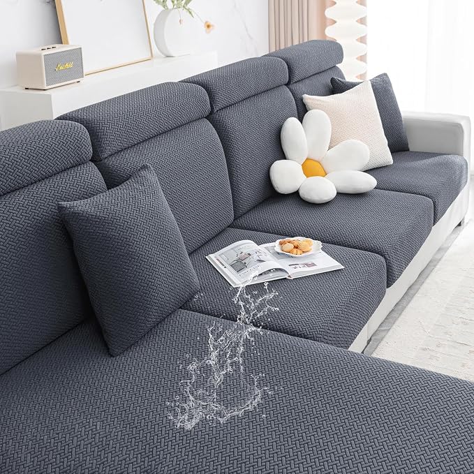 Smiry Waterproof Couch Cushion Covers, Stretch Jacquard Sectional Couch Covers, L Shape Chaise Lounge Sofa Slipcover, Washable Elastic Furniture Protector for Pets, Kid (Chaise Cover, Grey)