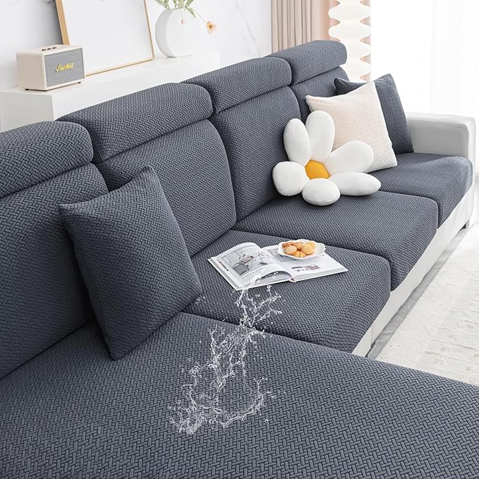 Smiry Waterproof Couch Cushion Covers, Stretch Jacquard Thick Sofa Cushion Covers, Washable Seat Slipcover Elastic Furniture Protector for Pets, Kid (Back Cover L, Grey)