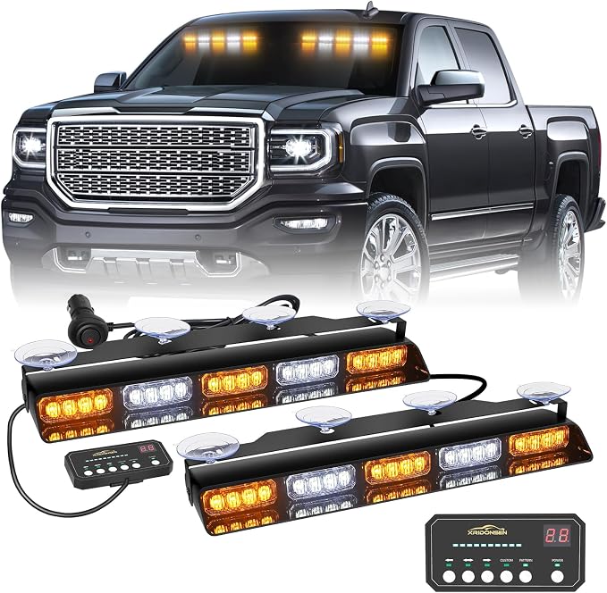 XRIDONSEN 2x 17 inch Dash Strobe Lights for Trucks, 40 LED Emergency Lights | Amber White Safety Warning Hazard Interior Front/Rear Windshield Light Bar w/ Controller for Construction Vehicles Plow Truck