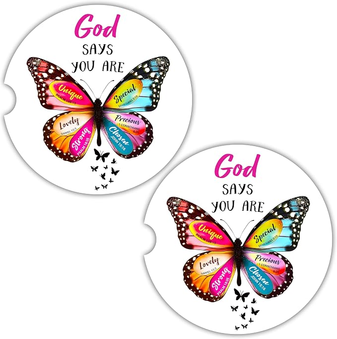 Christian Car Coasters for Cup Holders - 2 Pack Cute Butterfly Bible Verses Car Accessories for Women, Inspirational Faith Decor, Absorbent Ceramic Cup Holder Coaster for Car, Scripture Religious Gift