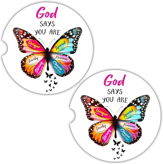 Christian Car Coasters for Cup Holders - 2 Pack Cute Butterfly Bible Verses Car Accessories for Women, Inspirational Faith Decor, Absorbent Ceramic Cup Holder Coaster for Car, Scripture Religious Gift