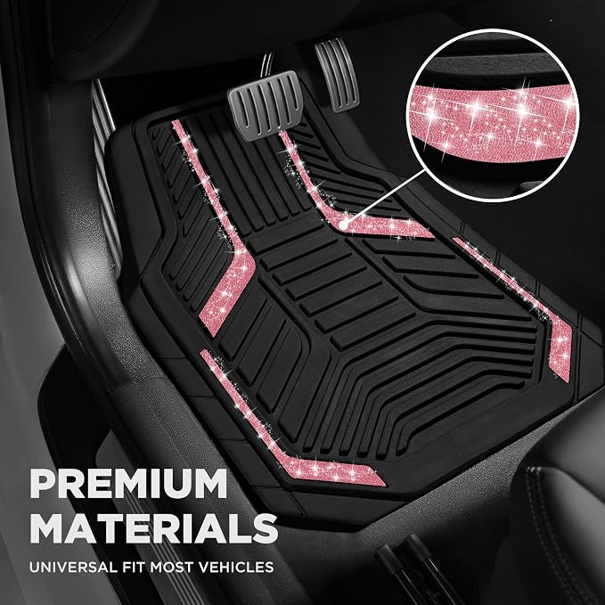 PIC AUTO Car Floor Mats, Hot Pink Sparkly Crystal Bling Glitter Car Mats Set, Front and Rear Heavy Duty Rubber Car Mats with Anti-Slip Backing, All Weather, Trim-to-Fit for SUVs, Trucks, Sedan, Vans