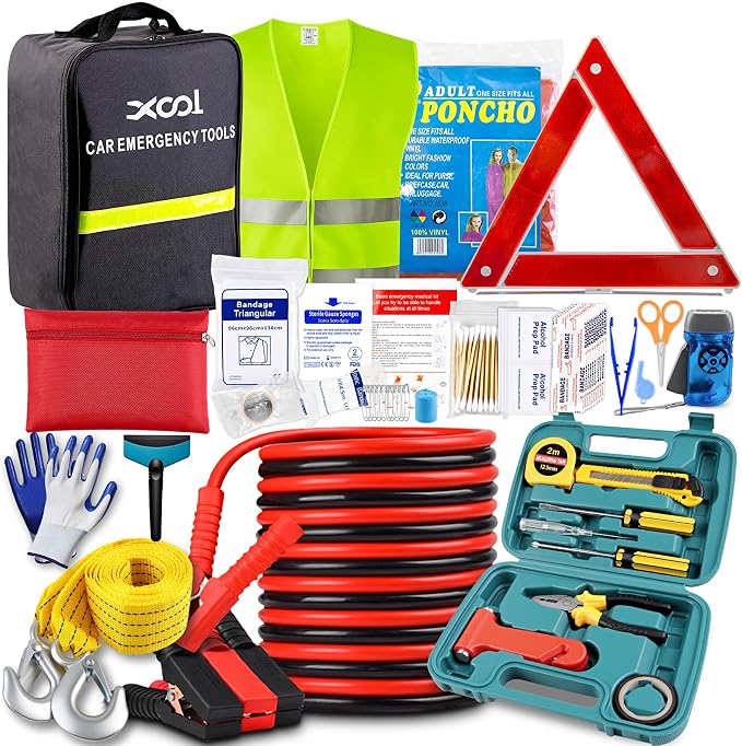 XOOL Car Emergency Kit with Jumper Cables, Car Roadside Emergency Kit, First Aid Kit, Tow Strap & Tool Set – Roadside Safety Kit for Cars, Trucks & SUVs