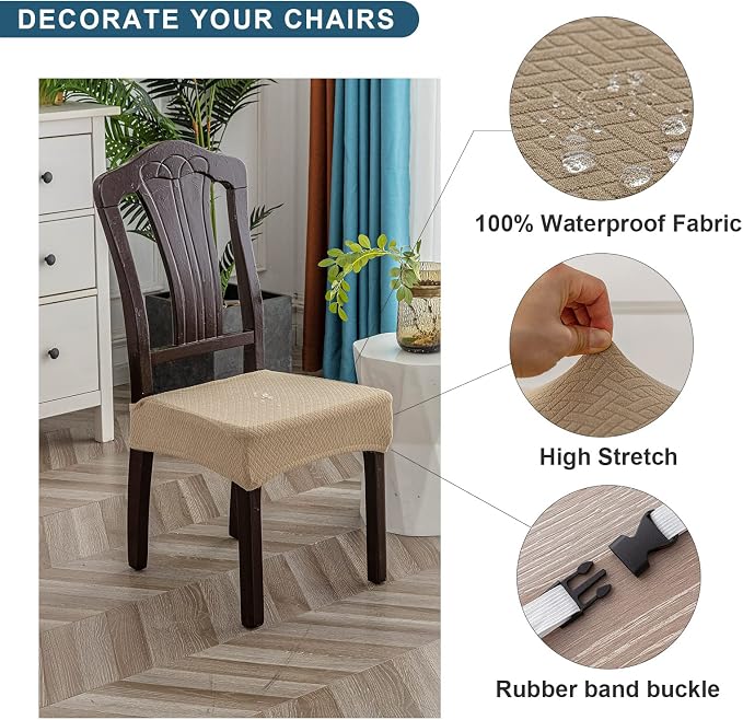 Genina Waterproof Seat Covers for Dining Room Chair Covers Waterproof Dining Chair Covers (2 PCS-Rear-Covered, Khaki)