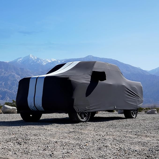 iCarCover Premium Heavy Duty Truck Car Cover - Waterproof All Weather Rain Snow UV Protection Chevy C/K 1500, Colorado, Dakota, Ranger, Canyon, Frontier, Size T90 (See Size Chart), Stripe - Black/Gray