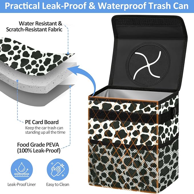 ELONGRIVER Car Trash Can Bin for Back Seat Leak Proof, Cute Car Trash Bag Hanging, Vehicle Trash Can for SUV Truck Van, Automotive Garbage Cans Front Seat Cow Print, 2 Gallons