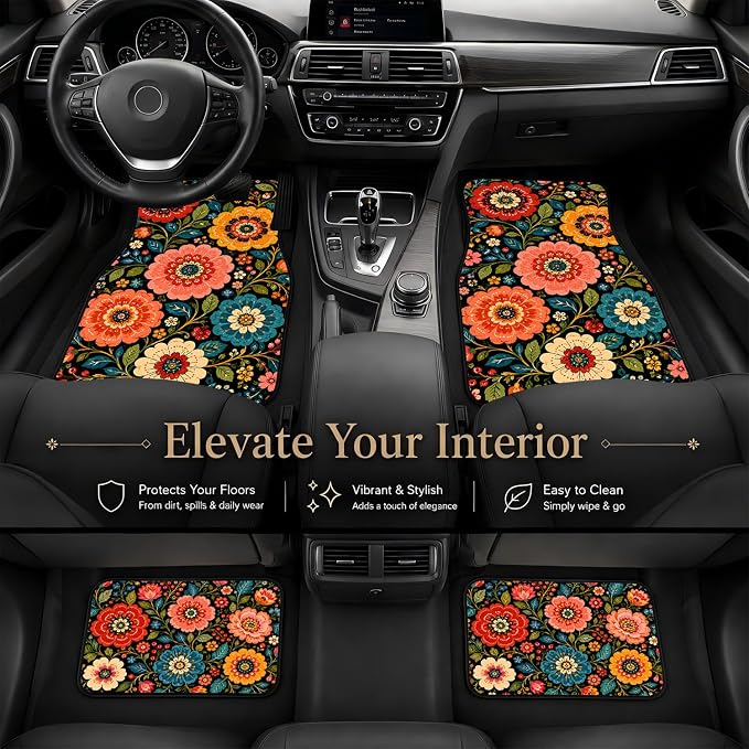 Folk Flower Car Floor Mats Set of 4 Black Botanical Garden Art Car Accessories Foot Mats Rugs, Non-Slip,Decor for Universal Fit for Suvs Sedans Trucks Cars Auto Floor Carpets Rugs All-Weather